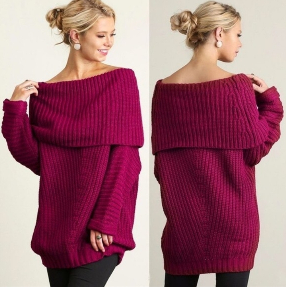 Umgee Fold Over Burgundy Oversized Knitted Sweater